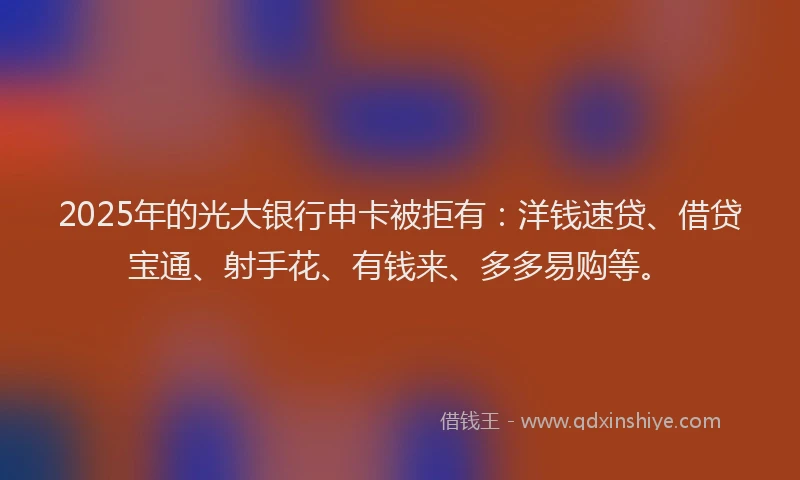 2025年的光大银行申卡被拒有：洋钱速贷、借贷宝通、射手花、有钱来、多多易购等。