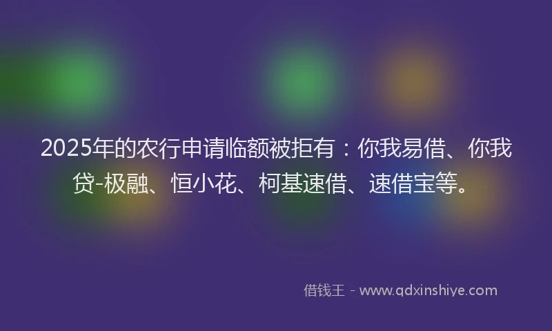 2025年的农行申请临额被拒有：你我易借、你我贷-极融、恒小花、柯基速借、速借宝等。