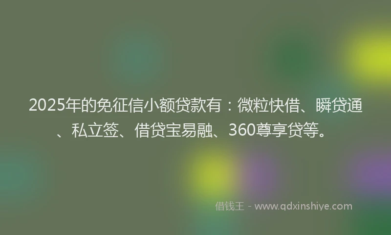 2025年的免征信小额贷款有：微粒快借、瞬贷通、私立签、借贷宝易融、360尊享贷等。