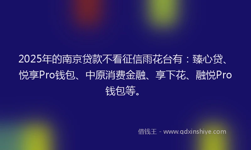 2025年的南京贷款不看征信雨花台有：臻心贷、悦享Pro钱包、中原消费金融、享下花、融悦Pro钱包等。