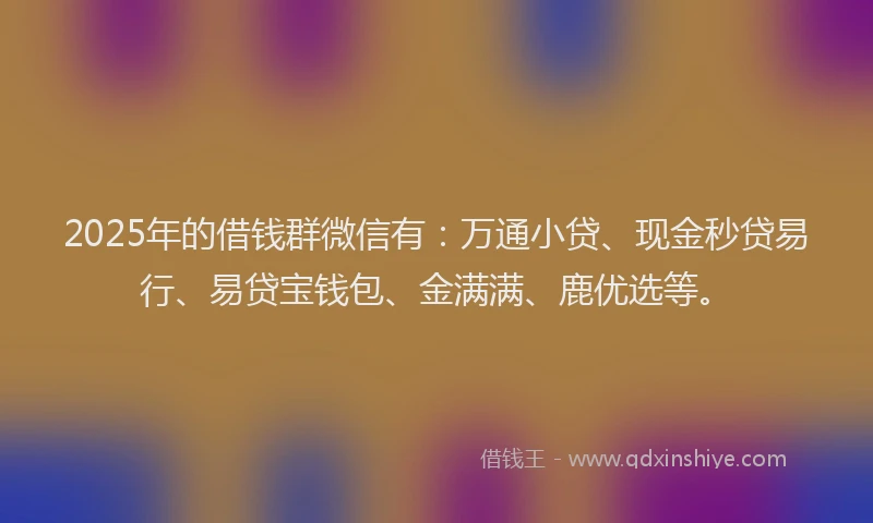 2025年的借钱群微信有：万通小贷、现金秒贷易行、易贷宝钱包、金满满、鹿优选等。