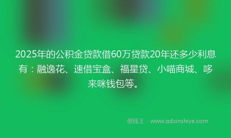 2025年的公积金贷款借60万贷款20年还多少利息有：融逸花、速借宝盒、福星贷、小喵商城、哆来咪钱包等。