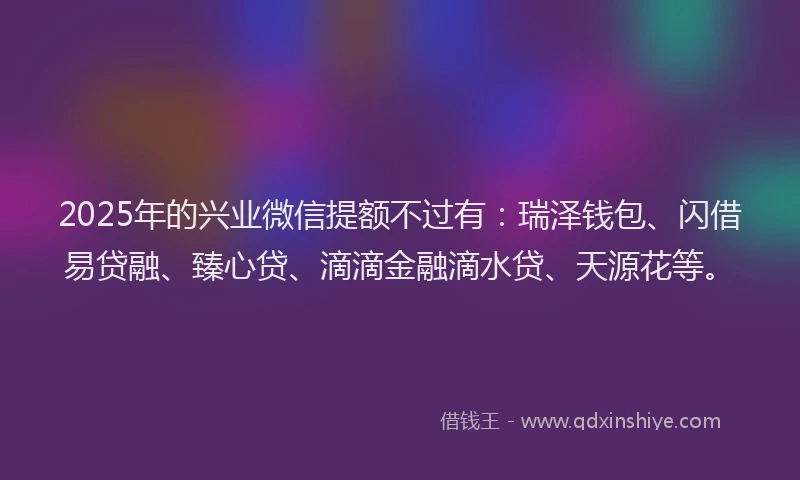 2025年的兴业微信提额不过有：瑞泽钱包、闪借易贷融、臻心贷、滴滴金融滴水贷、天源花等。