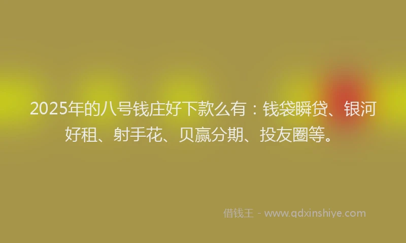 2025年的八号钱庄好下款么有：钱袋瞬贷、银河好租、射手花、贝赢分期、投友圈等。