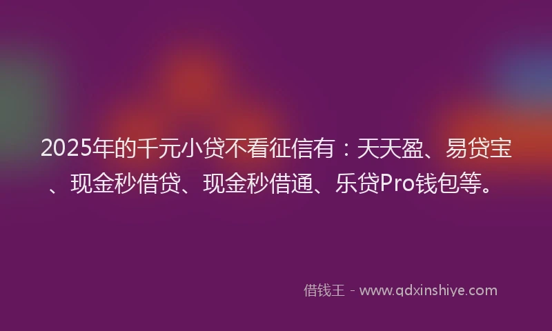 2025年的千元小贷不看征信有：天天盈、易贷宝、现金秒借贷、现金秒借通、乐贷Pro钱包等。