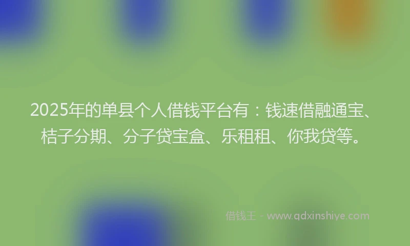 2025年的单县个人借钱平台有：钱速借融通宝、桔子分期、分子贷宝盒、乐租租、你我贷等。