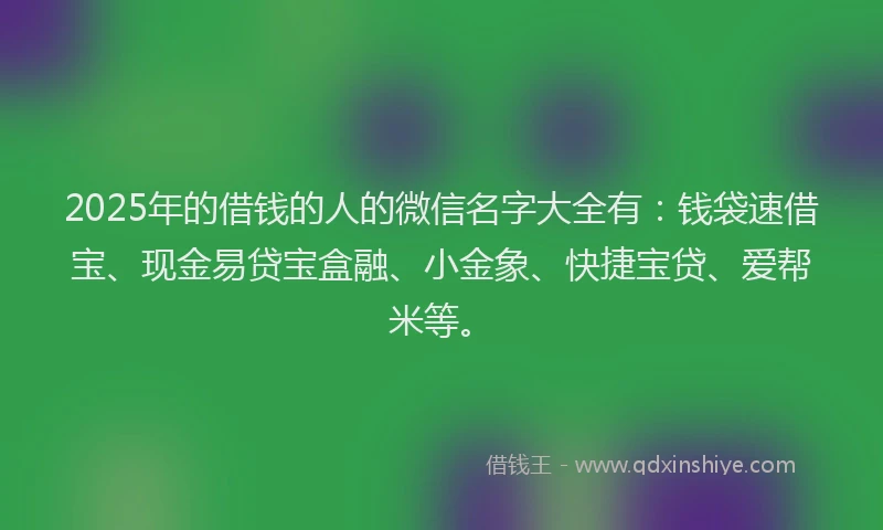 2025年的借钱的人的微信名字大全有：钱袋速借宝、现金易贷宝盒融、小金象、快捷宝贷、爱帮米等。