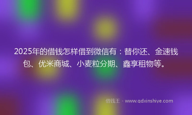 2025年的借钱怎样借到微信有：替你还、金速钱包、优米商城、小麦粒分期、鑫享租物等。