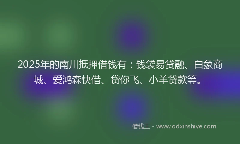 2025年的南川抵押借钱有：钱袋易贷融、白象商城、爱鸿森快借、贷你飞、小羊贷款等。