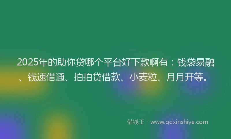 2025年的助你贷哪个平台好下款啊有：钱袋易融、钱速借通、拍拍贷借款、小麦粒、月月开等。