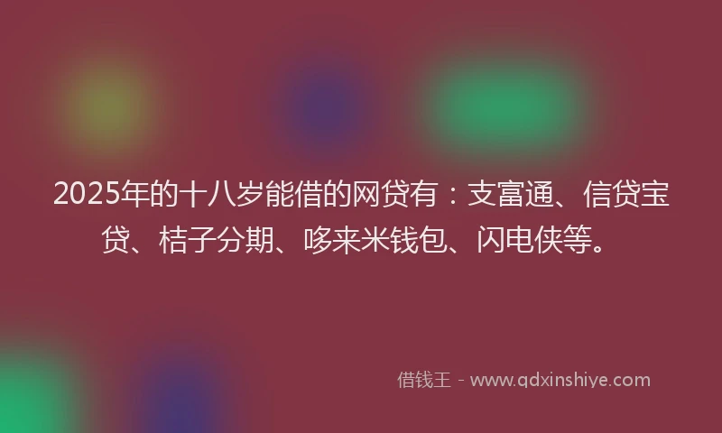 2025年的十八岁能借的网贷有：支富通、信贷宝贷、桔子分期、哆来米钱包、闪电侠等。