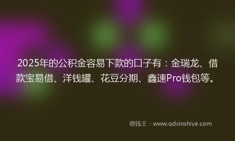 2025年的公积金容易下款的口子有：金瑞龙、借款宝易借、洋钱罐、花豆分期、鑫速Pro钱包等。