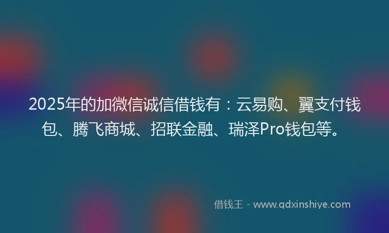 2025年的加微信诚信借钱有：云易购、翼支付钱包、腾飞商城、招联金融、瑞泽Pro钱包等。