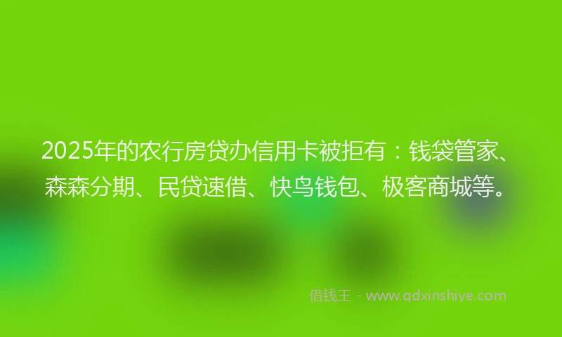 2025年的农行房贷办信用卡被拒有：钱袋管家、森森分期、民贷速借、快鸟钱包、极客商城等。