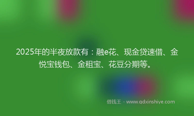 2025年的半夜放款有：融e花、现金贷速借、金悦宝钱包、金租宝、花豆分期等。