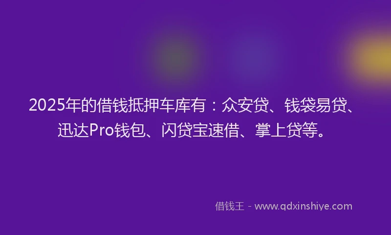 2025年的借钱抵押车库有：众安贷、钱袋易贷、迅达Pro钱包、闪贷宝速借、掌上贷等。