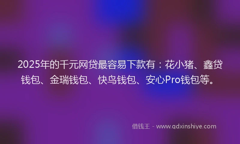 2025年的千元网贷最容易下款有：花小猪、鑫贷钱包、金瑞钱包、快鸟钱包、安心Pro钱包等。