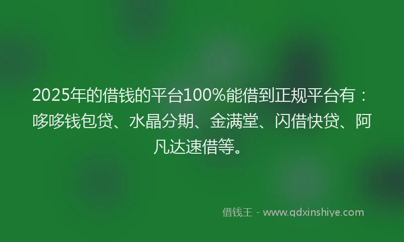 2025年的借钱的平台100%能借到正规平台有：哆哆钱包贷、水晶分期、金满堂、闪借快贷、阿凡达速借等。