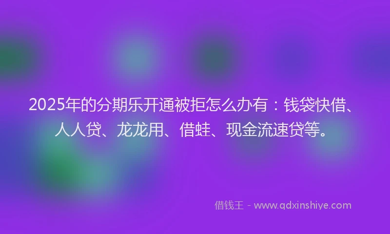 2025年的分期乐开通被拒怎么办有：钱袋快借、人人贷、龙龙用、借蛙、现金流速贷等。
