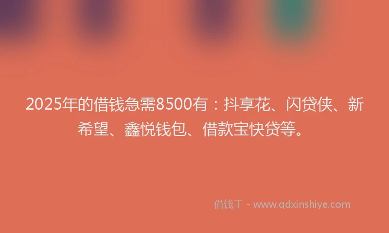 2025年的借钱急需8500有：抖享花、闪贷侠、新希望、鑫悦钱包、借款宝快贷等。