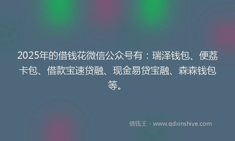 2025年的借钱花微信公众号有：瑞泽钱包、便荔卡包、借款宝速贷融、现金易贷宝融、森森钱包等。