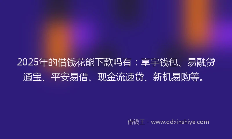 2025年的借钱花能下款吗有：享宇钱包、易融贷通宝、平安易借、现金流速贷、新机易购等。