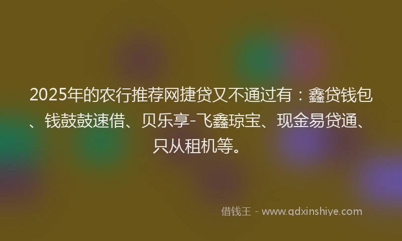 2025年的农行推荐网捷贷又不通过有：鑫贷钱包、钱鼓鼓速借、贝乐享-飞鑫琼宝、现金易贷通、只从租机等。