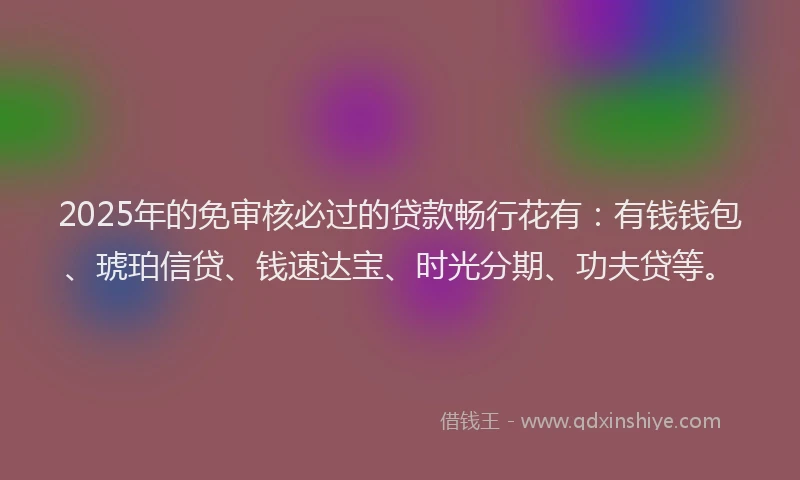 2025年的免审核必过的贷款畅行花有：有钱钱包、琥珀信贷、钱速达宝、时光分期、功夫贷等。