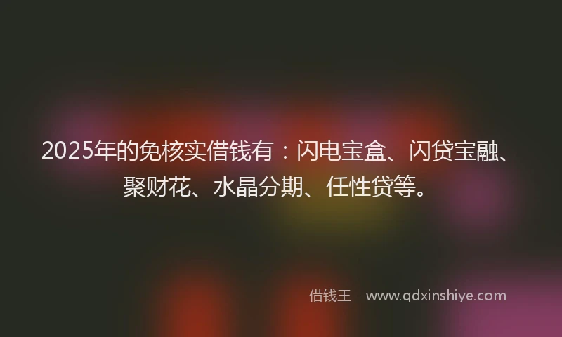 2025年的免核实借钱有：闪电宝盒、闪贷宝融、聚财花、水晶分期、任性贷等。