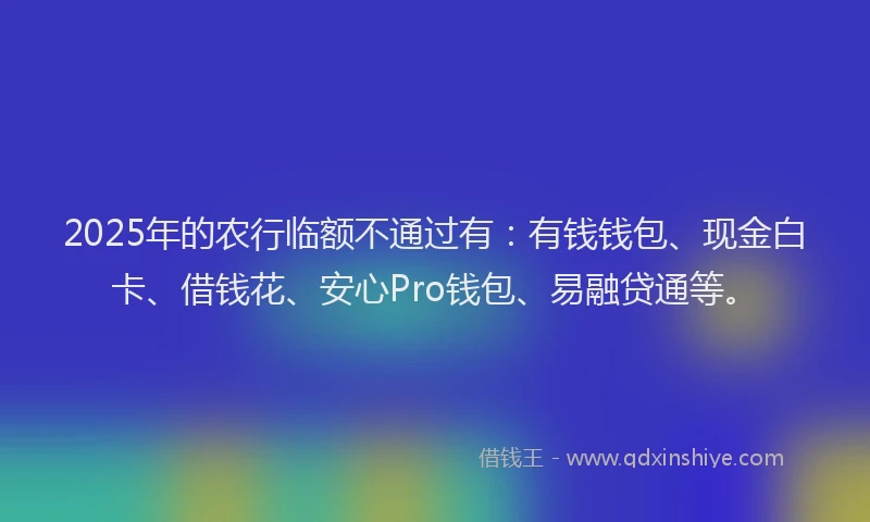2025年的农行临额不通过有：有钱钱包、现金白卡、借钱花、安心Pro钱包、易融贷通等。
