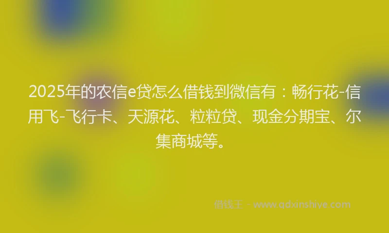 2025年的农信e贷怎么借钱到微信有：畅行花-信用飞-飞行卡、天源花、粒粒贷、现金分期宝、尔集商城等。