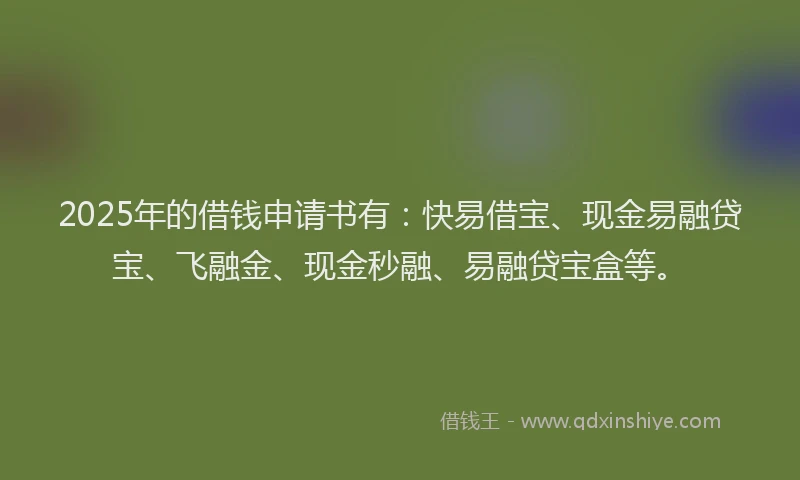 2025年的借钱申请书有：快易借宝、现金易融贷宝、飞融金、现金秒融、易融贷宝盒等。