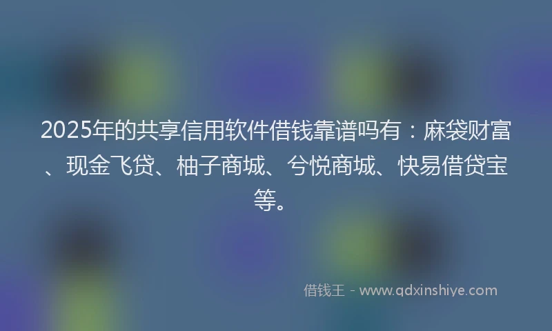 2025年的共享信用软件借钱靠谱吗有：麻袋财富、现金飞贷、柚子商城、兮悦商城、快易借贷宝等。