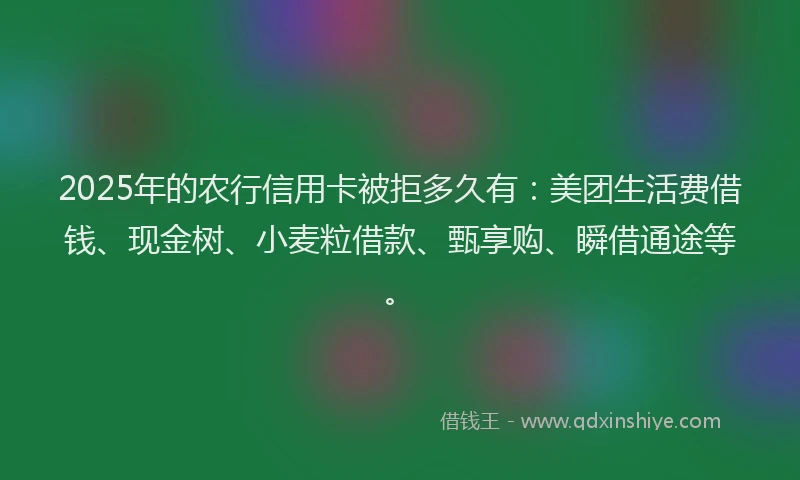 2025年的农行信用卡被拒多久有：美团生活费借钱、现金树、小麦粒借款、甄享购、瞬借通途等。