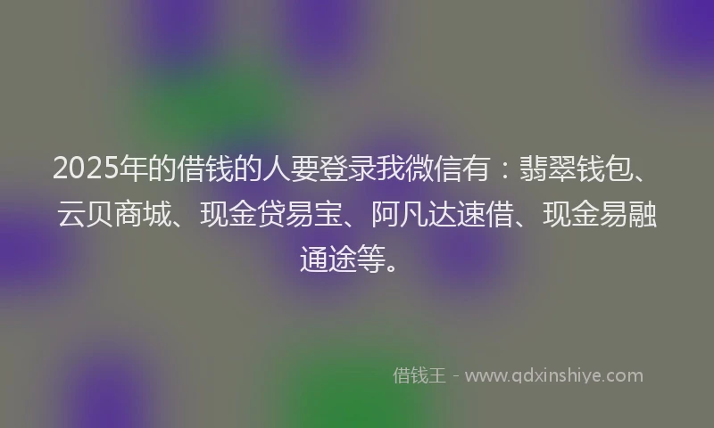 2025年的借钱的人要登录我微信有：翡翠钱包、云贝商城、现金贷易宝、阿凡达速借、现金易融通途等。