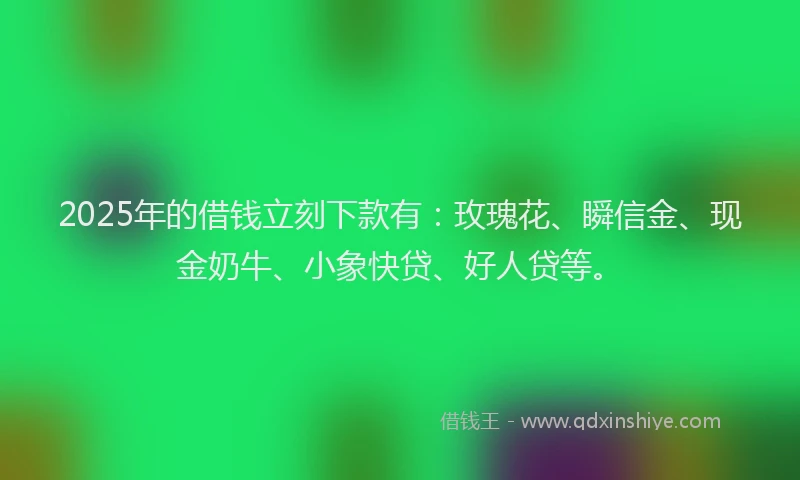2025年的借钱立刻下款有：玫瑰花、瞬信金、现金奶牛、小象快贷、好人贷等。