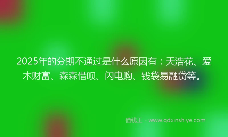 2025年的分期不通过是什么原因有：天浩花、爱木财富、森森借呗、闪电购、钱袋易融贷等。