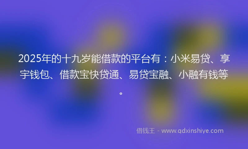 2025年的十九岁能借款的平台有：小米易贷、享宇钱包、借款宝快贷通、易贷宝融、小融有钱等。