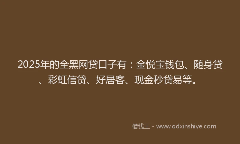 2025年的全黑网贷口子有：金悦宝钱包、随身贷、彩虹信贷、好居客、现金秒贷易等。