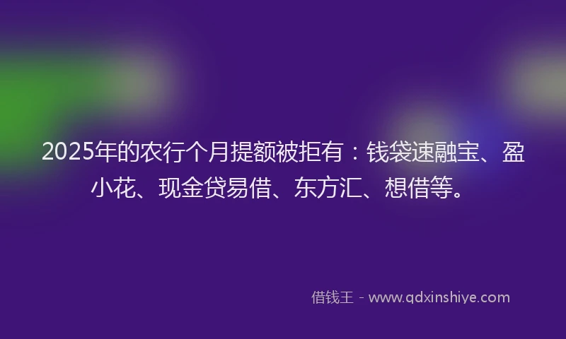 2025年的农行个月提额被拒有：钱袋速融宝、盈小花、现金贷易借、东方汇、想借等。