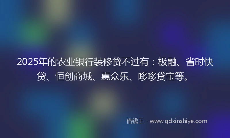 2025年的农业银行装修贷不过有：极融、省时快贷、恒创商城、惠众乐、哆哆贷宝等。