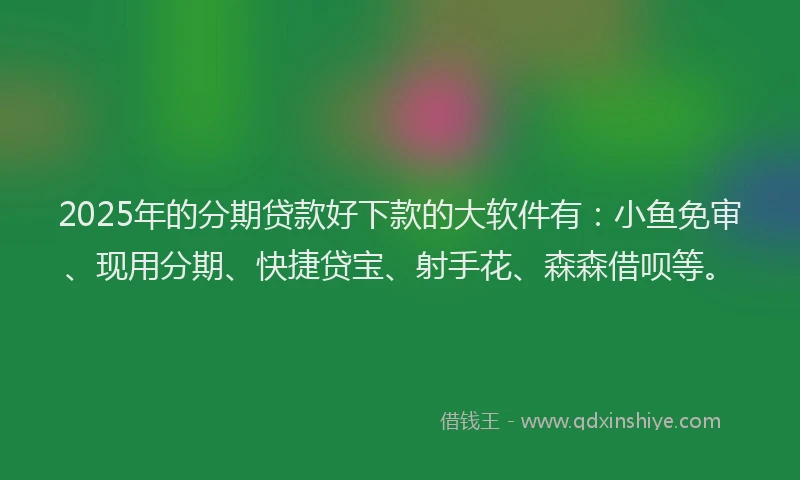 2025年的分期贷款好下款的大软件有：小鱼免审、现用分期、快捷贷宝、射手花、森森借呗等。