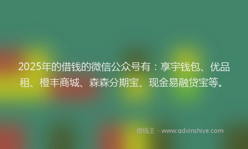 2025年的借钱的微信公众号有：享宇钱包、优品租、橙丰商城、森森分期宝、现金易融贷宝等。