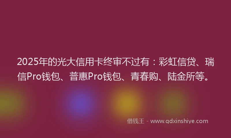 2025年的光大信用卡终审不过有：彩虹信贷、瑞信Pro钱包、普惠Pro钱包、青春购、陆金所等。
