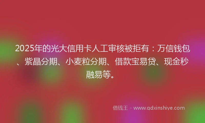 2025年的光大信用卡人工审核被拒有：万信钱包、紫晶分期、小麦粒分期、借款宝易贷、现金秒融易等。