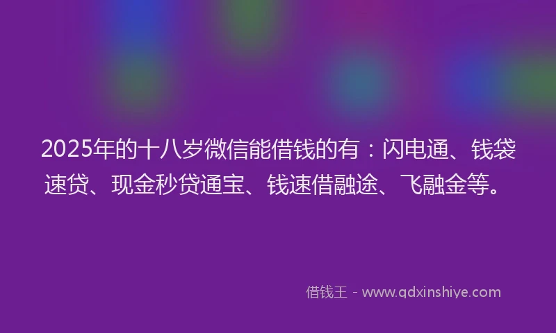 2025年的十八岁微信能借钱的有：闪电通、钱袋速贷、现金秒贷通宝、钱速借融途、飞融金等。