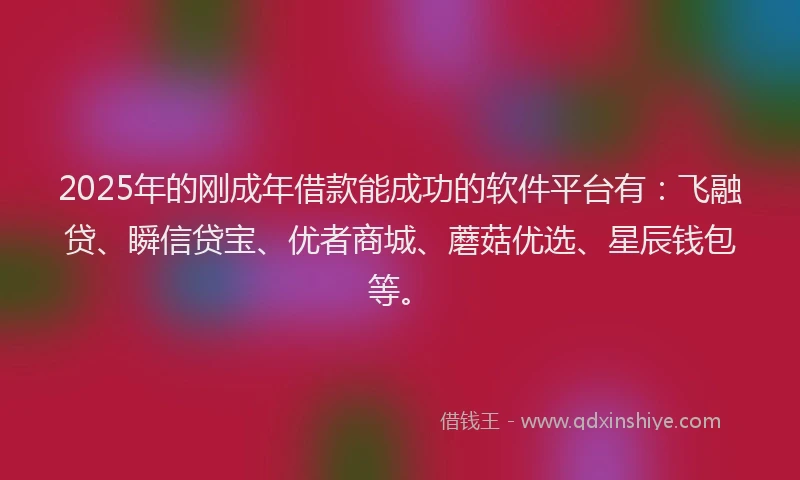 2025年的刚成年借款能成功的软件平台有：飞融贷、瞬信贷宝、优者商城、蘑菇优选、星辰钱包等。