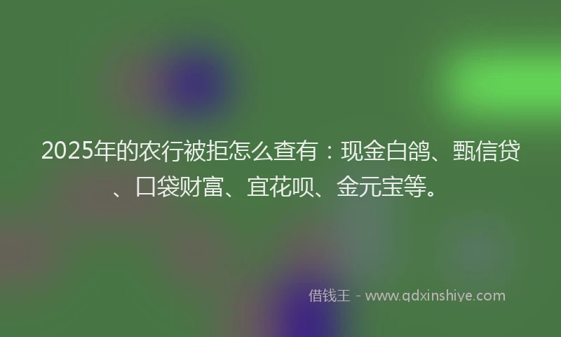2025年的农行被拒怎么查有：现金白鸽、甄信贷、口袋财富、宜花呗、金元宝等。