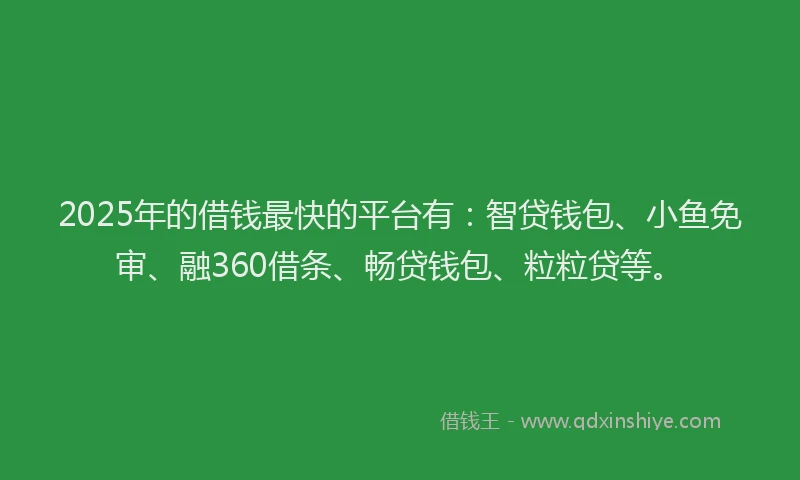 2025年的借钱最快的平台有：智贷钱包、小鱼免审、融360借条、畅贷钱包、粒粒贷等。