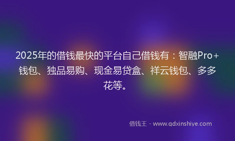 2025年的借钱最快的平台自己借钱有：智融Pro+钱包、独品易购、现金易贷盒、祥云钱包、多多花等。